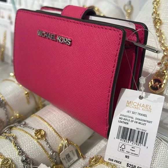 Michael Kors Medium Saffiano Leather Bifold Wallet Dragonfruit NWT